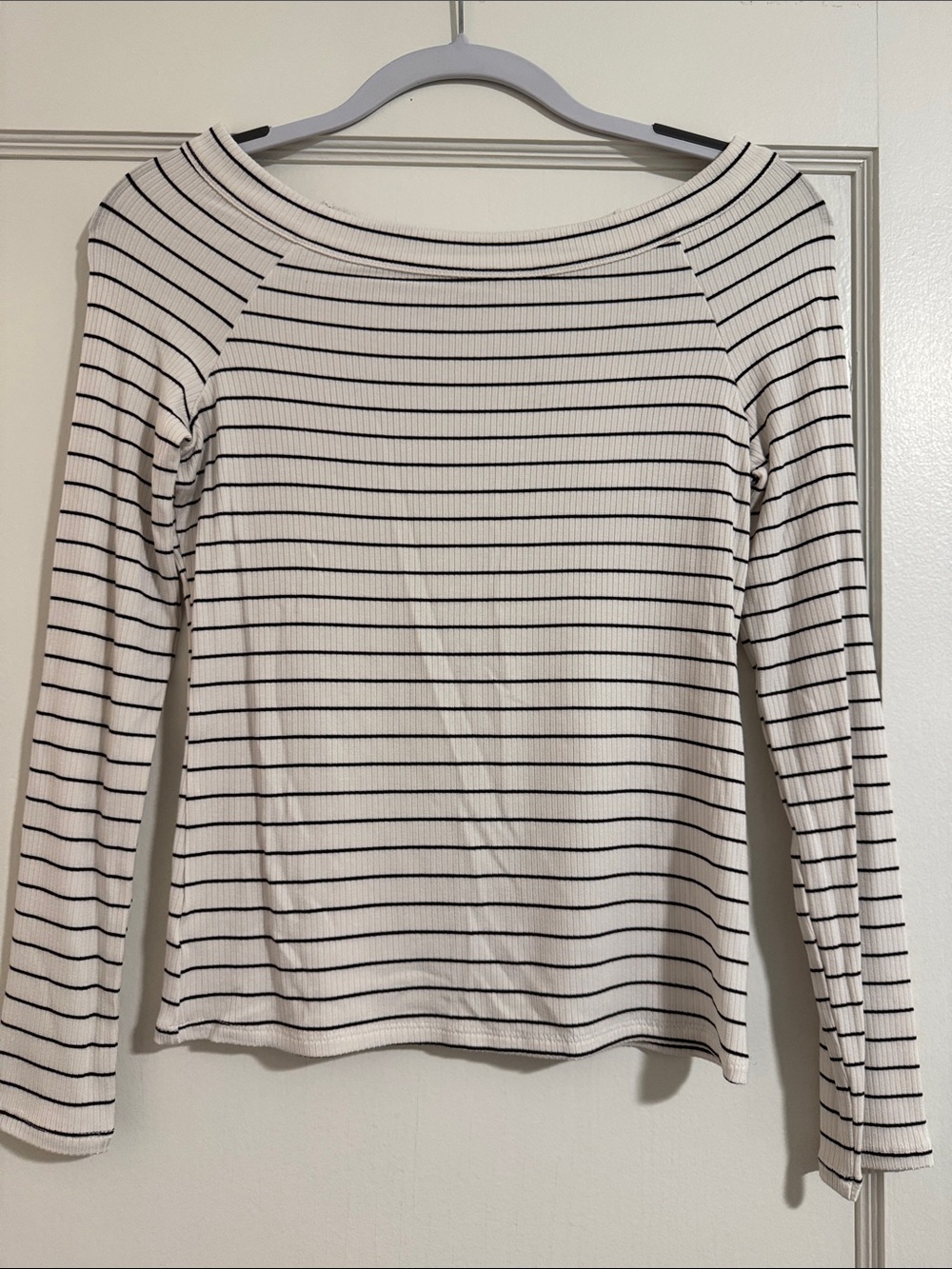 LOFT Off White and Black Striped Boatneck Long-Sleeve Top
